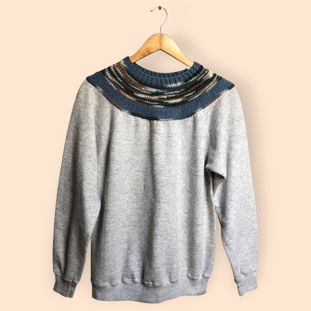 Vintage 70s/80s Hanes Crewneck Sweatshirt Repurposed Handmade Crochet Neck USA L